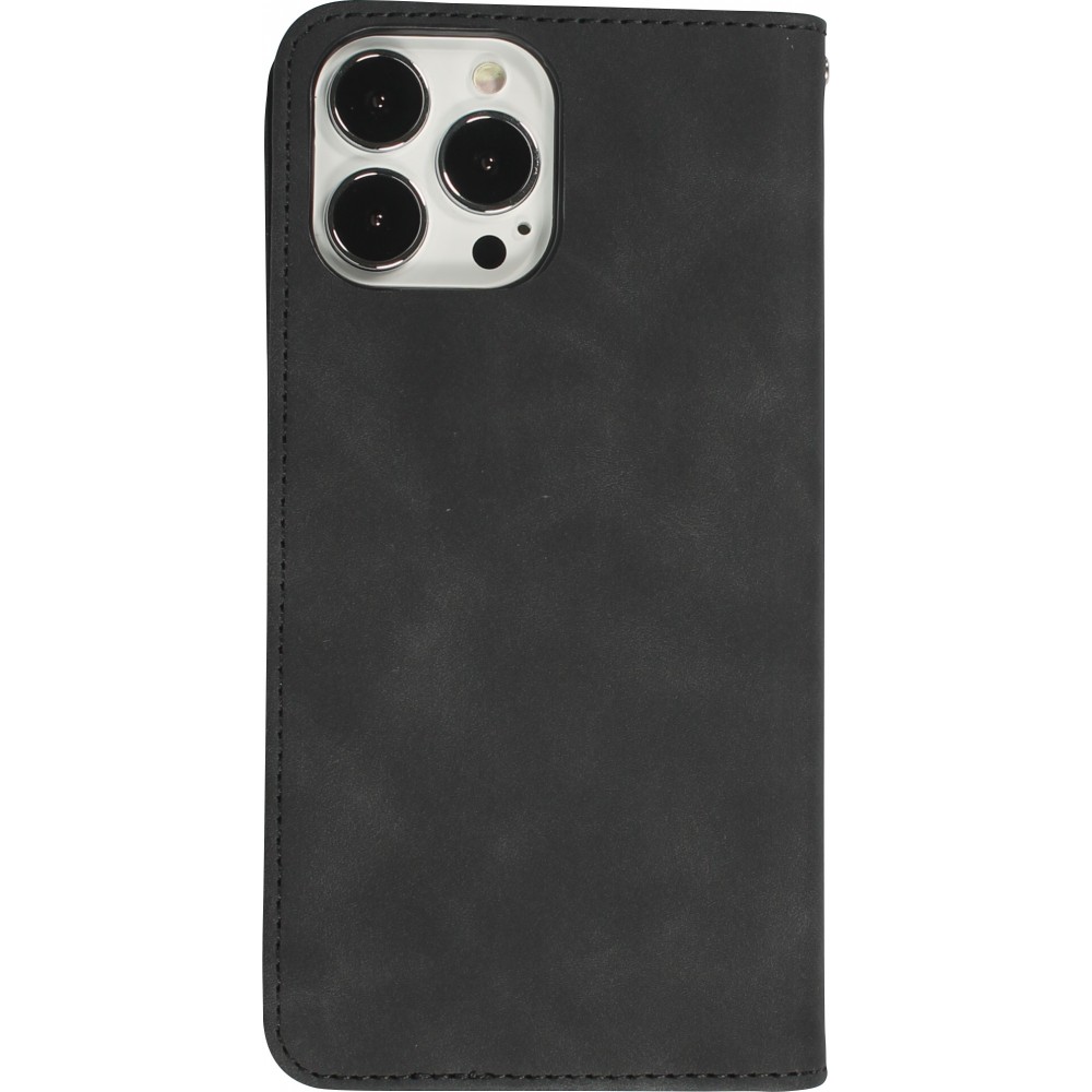 Etui cuir iPhone 15 Pro Max - Flip Wallet vintage avec fermeture aimantée et compartiment cartes - Noir