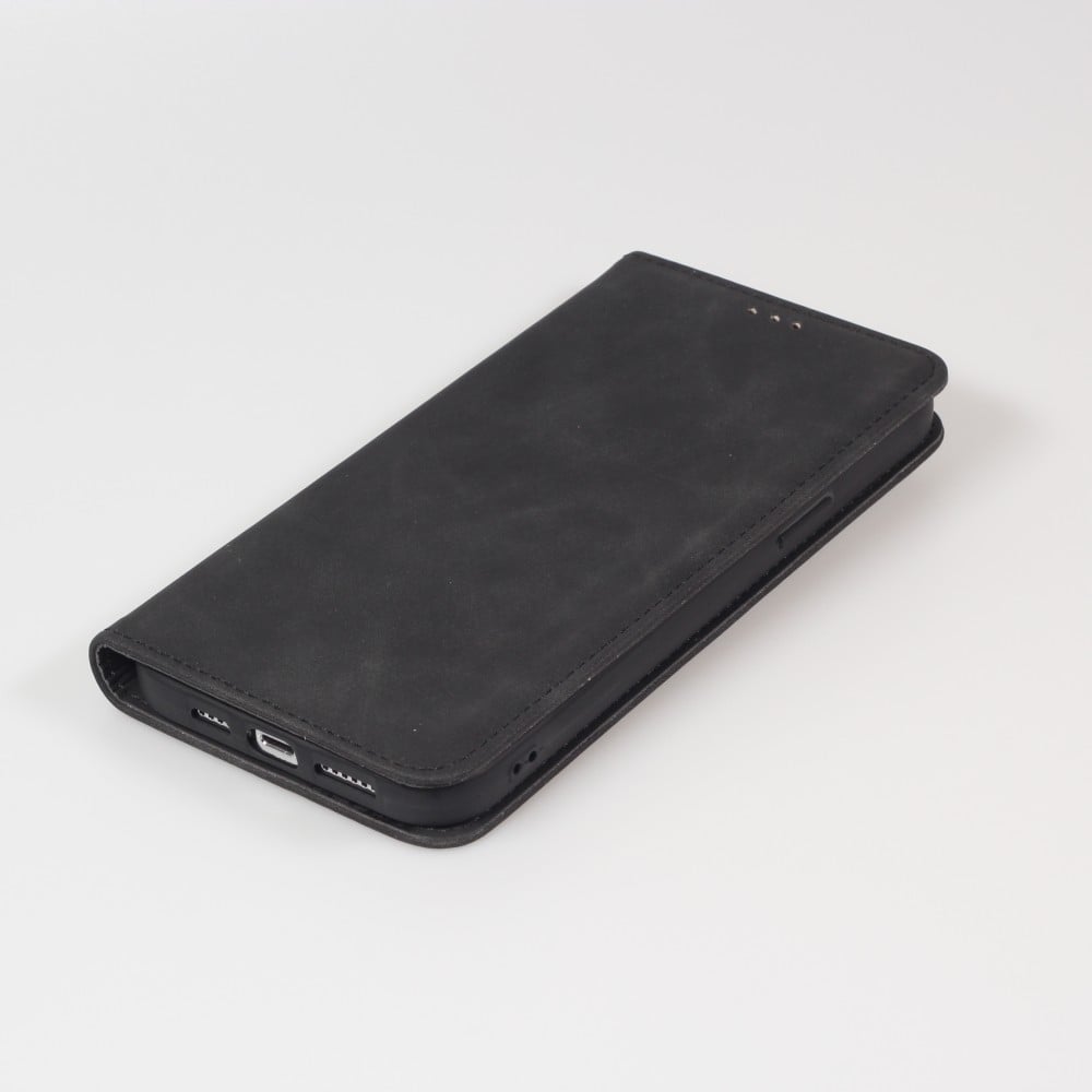 iPhone 15 Pro Max Leder Tasche - Flip Wallet vintage mit Magnetverschluss und Kartenhalter - Schwarz