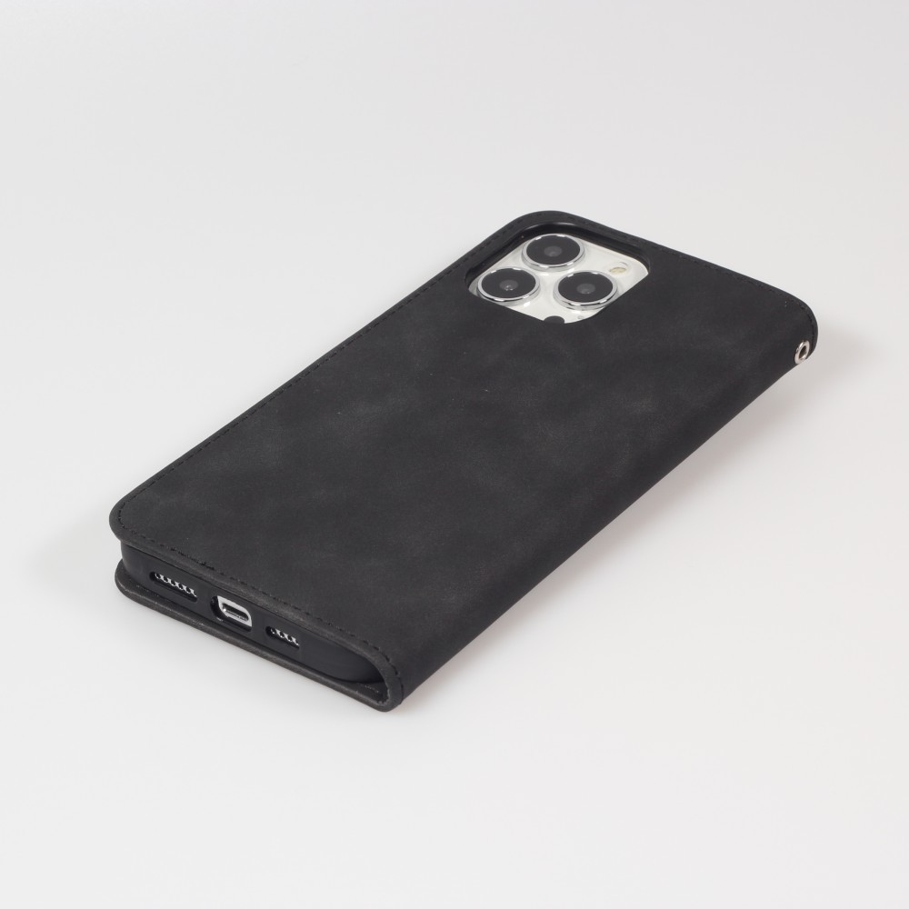 iPhone 16e Leder Tasche - Flip Wallet vintage mit Magnetverschluss und Kartenhalter - Schwarz