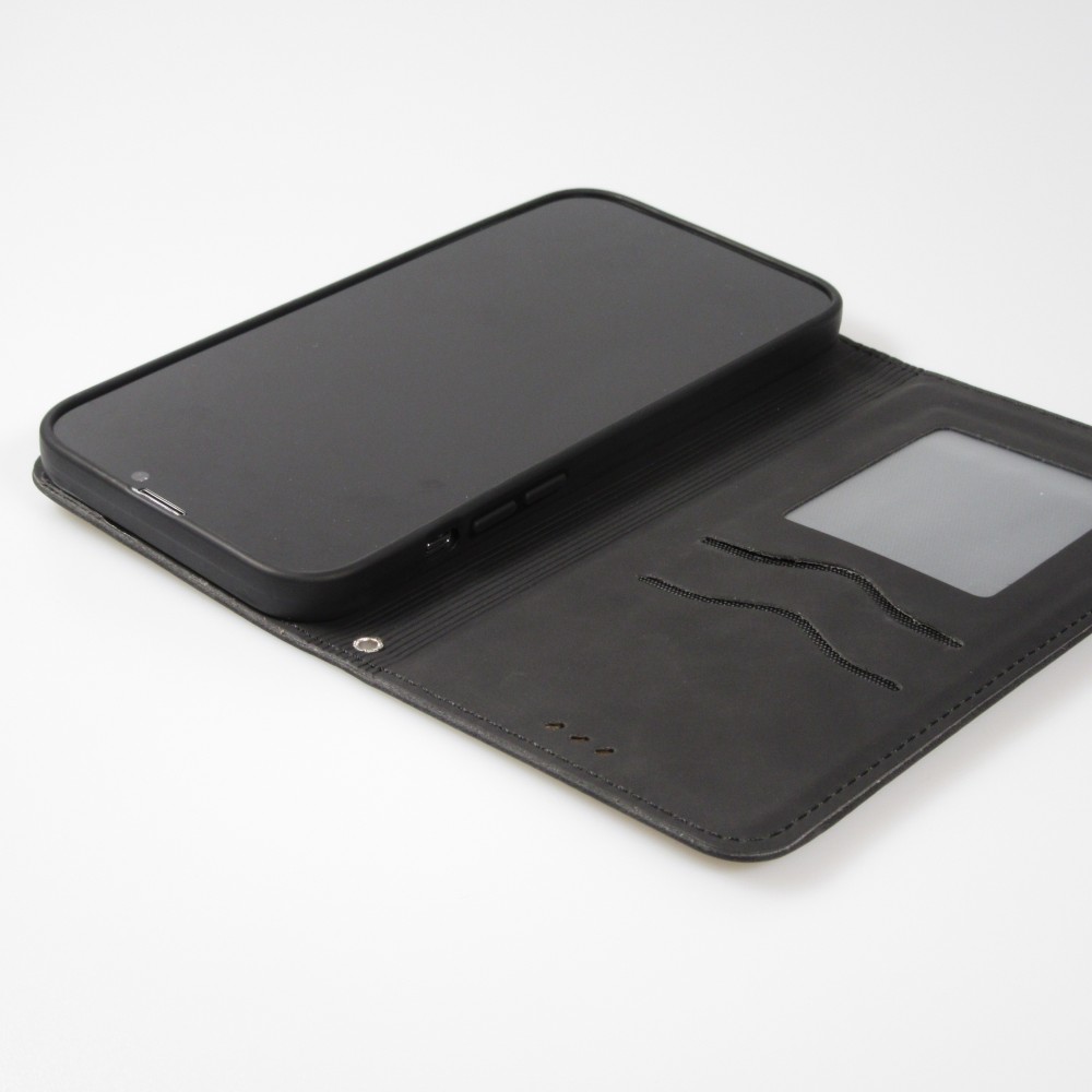iPhone 16e Leder Tasche - Flip Wallet vintage mit Magnetverschluss und Kartenhalter - Schwarz