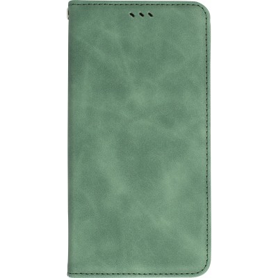 Etui cuir iPhone 15 Pro - Flip Wallet vintage avec fermeture aimantée et compartiment cartes - Vert foncé