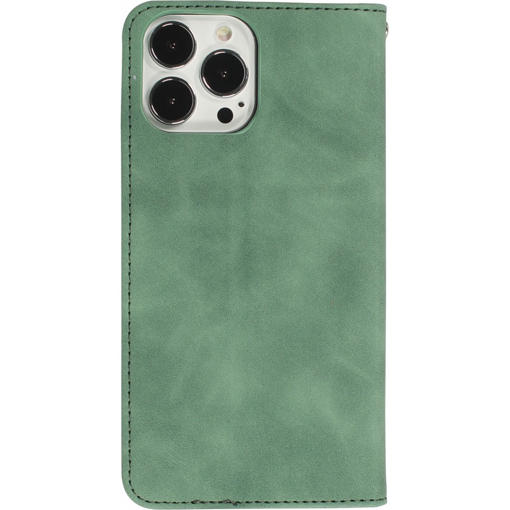 Etui cuir iPhone 13 Pro - Flip Wallet vintage avec fermeture aimantée et compartiment cartes - Vert foncé