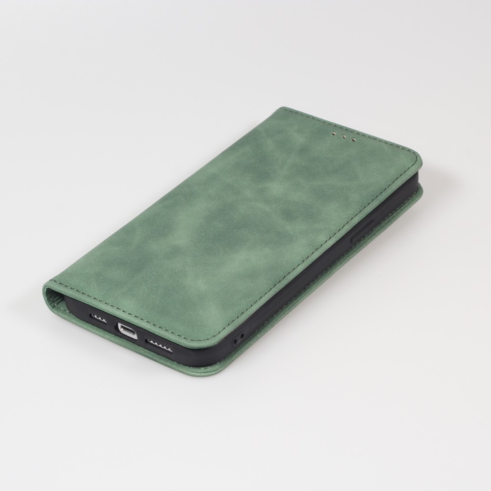 Etui cuir iPhone 13 Pro - Flip Wallet vintage avec fermeture aimantée et compartiment cartes - Vert foncé