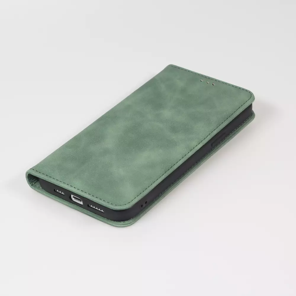 Etui cuir iPhone 15 Pro Max - Flip Wallet vintage avec fermeture aimantée et compartiment cartes - Vert foncé