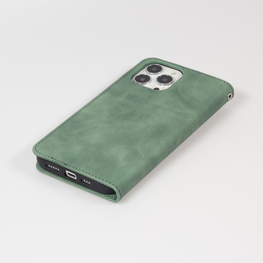 Etui cuir iPhone 15 Pro Max - Flip Wallet vintage avec fermeture aimantée et compartiment cartes - Vert foncé