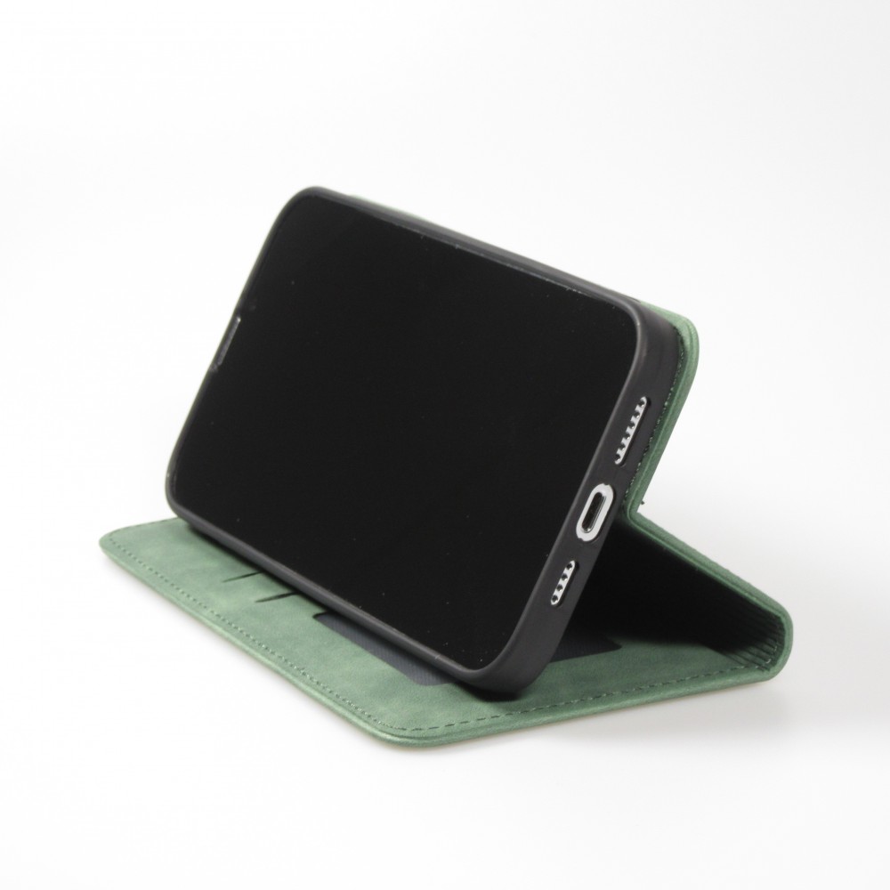 Etui cuir iPhone 16e - Flip Wallet vintage avec fermeture aimantée et compartiment cartes - Vert foncé