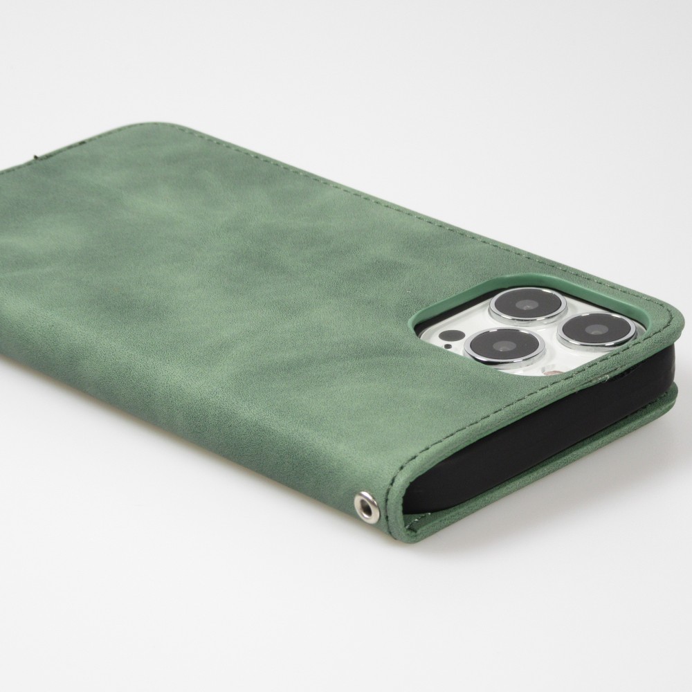 Etui cuir iPhone 13 Pro - Flip Wallet vintage avec fermeture aimantée et compartiment cartes - Vert foncé