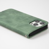 Etui cuir iPhone 15 Pro Max - Flip Wallet vintage avec fermeture aimantée et compartiment cartes - Vert foncé