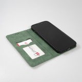 Etui cuir iPhone 15 Pro Max - Flip Wallet vintage avec fermeture aimantée et compartiment cartes - Vert foncé