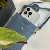 Elegantes umhänge Etui universel für Smartphone bis 6.7 Zoll aus Kunstleder mit Brieftasche - Blau