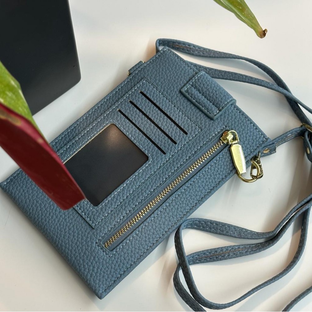 Elegantes umhänge Etui universel für Smartphone bis 6.7 Zoll aus Kunstleder mit Brieftasche - Blau