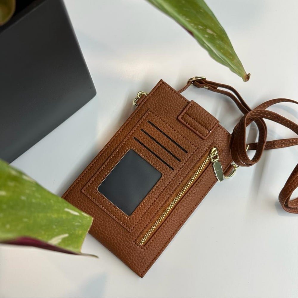 Elegantes umhänge Etui universel für Smartphone bis 6.7 Zoll aus Kunstleder mit Brieftasche - Braun