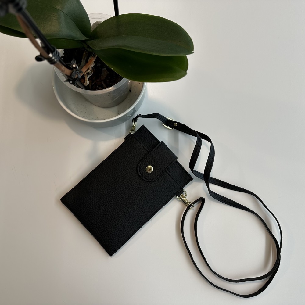 Elegantes umhänge Etui universel für Smartphone bis 6.7 Zoll aus Kunstleder mit Brieftasche - Schwarz
