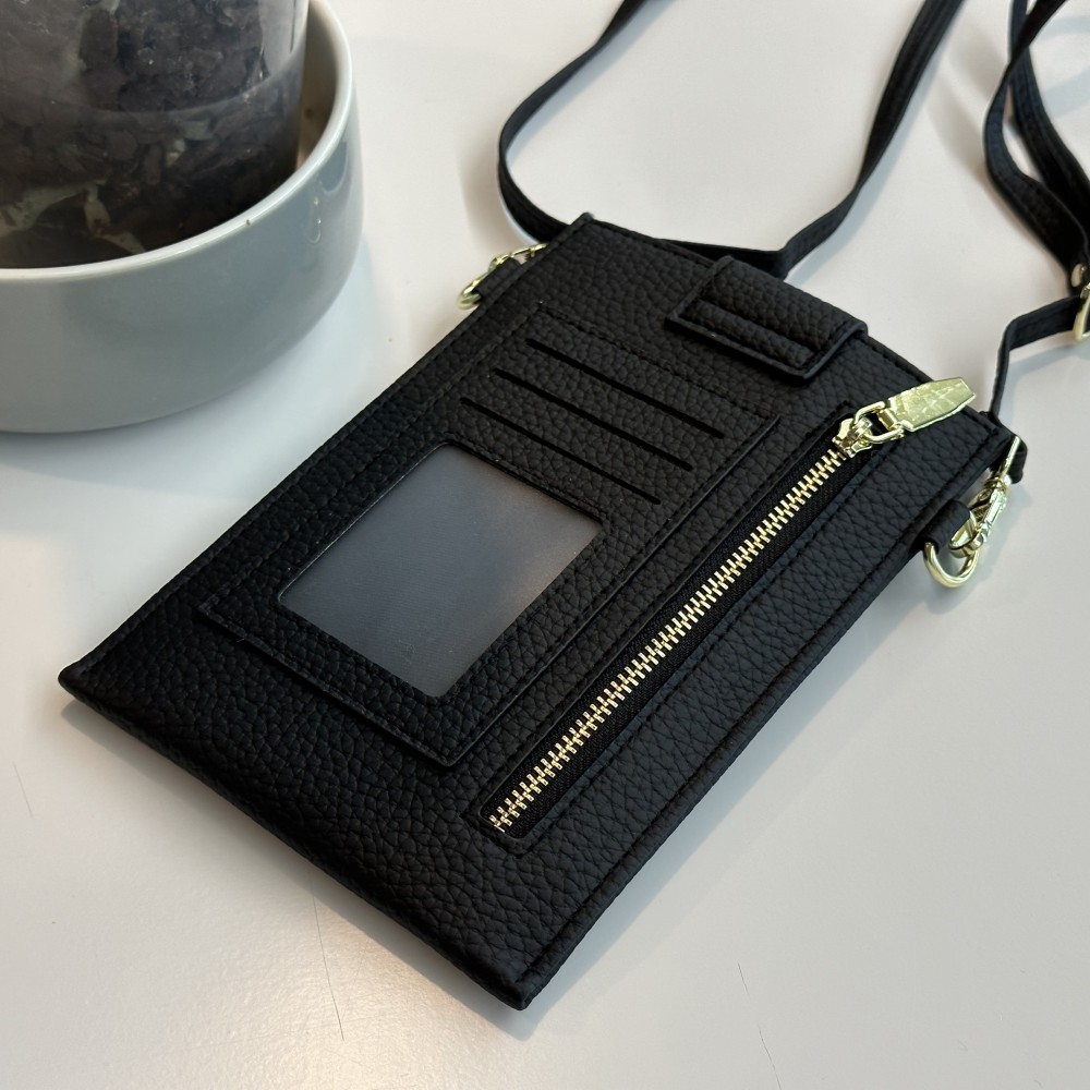 Elegantes umhänge Etui universel für Smartphone bis 6.7 Zoll aus Kunstleder mit Brieftasche - Schwarz