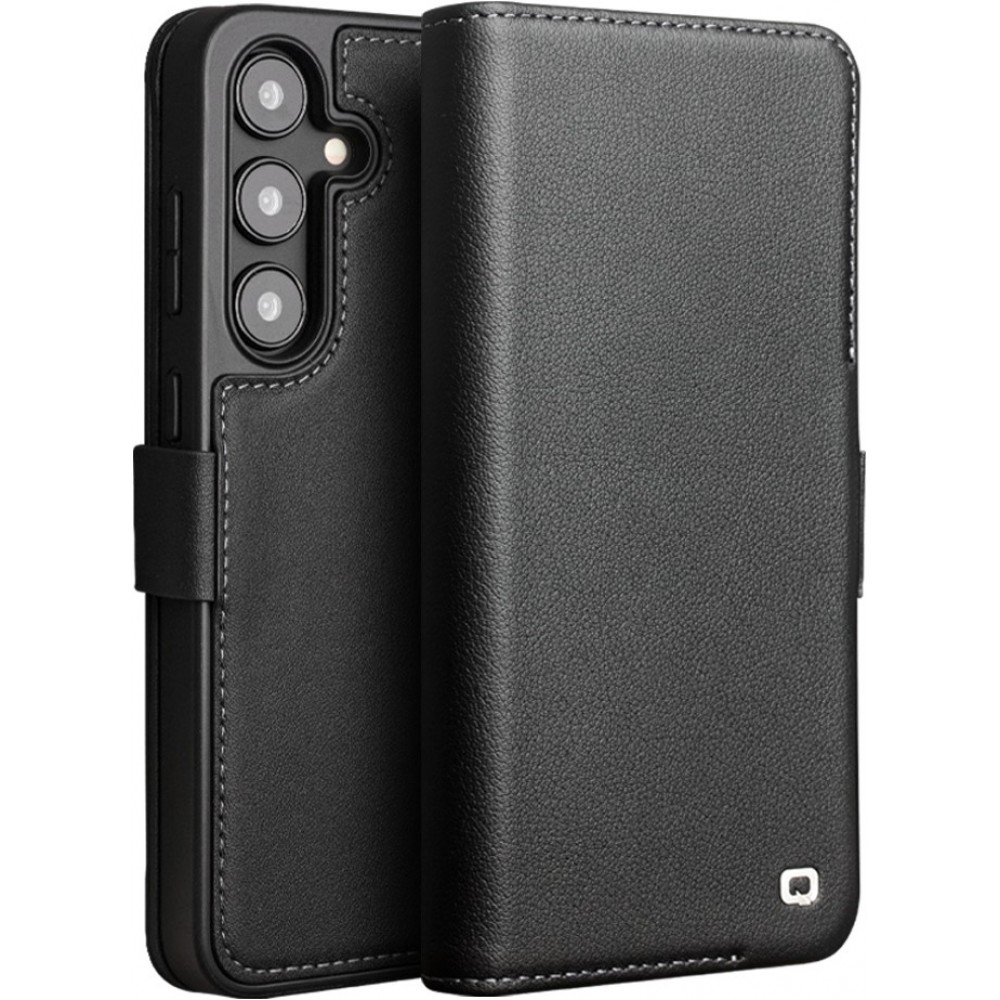 Fourre Samsung Galaxy S24+ - Flip Qialino cuir véritable mat avec fermeture magnétique - Noir mat