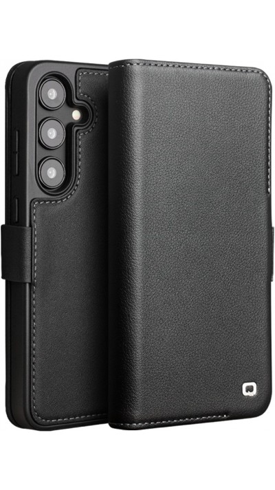 Fourre Samsung Galaxy S24+ - Flip Qialino cuir véritable mat avec fermeture magnétique - Noir mat