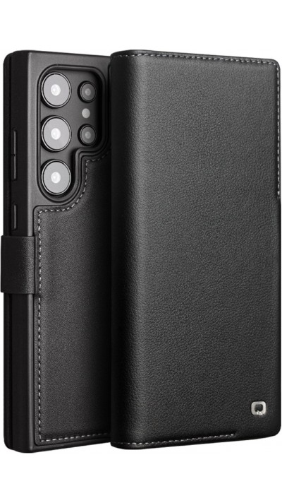 Fourre Samsung Galaxy S23 Ultra - Flip Qialino cuir véritable mat avec fermeture magnétique - Noir mat