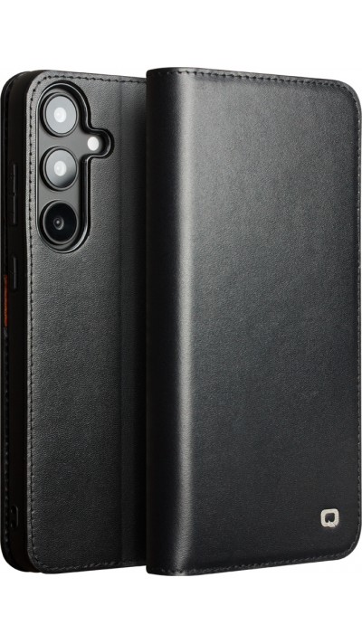Fourre Samsung Galaxy S25+ - Flip Qialino Matt Wallet cuir véritable - Noir