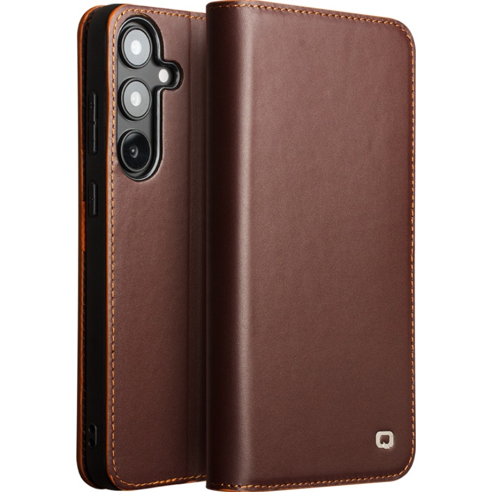 Fourre Samsung Galaxy S25 - Flip Qialino Matt Wallet cuir véritable - Brun