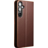 Fourre Samsung Galaxy S25 - Flip Qialino Matt Wallet cuir véritable - Brun