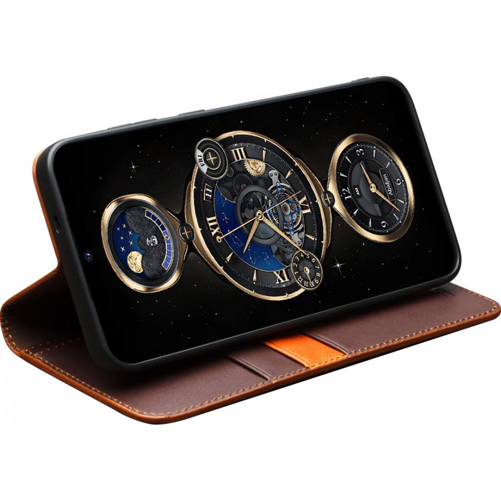 Fourre Samsung Galaxy S25 - Flip Qialino Matt Wallet cuir véritable - Brun