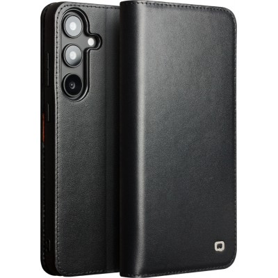 Fourre Samsung Galaxy S25 - Flip Qialino Matt Wallet cuir véritable - Noir