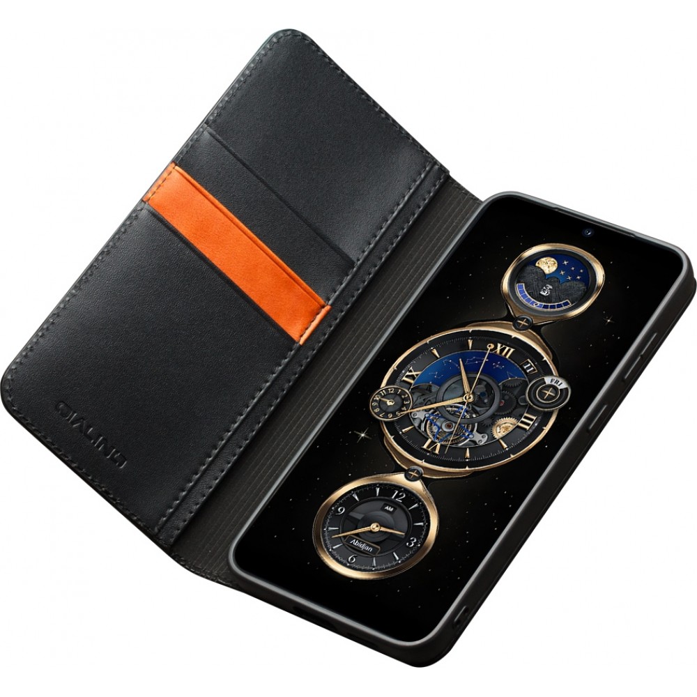 Fourre Samsung Galaxy S25 - Flip Qialino Matt Wallet cuir véritable - Noir