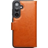 Fourre Samsung Galaxy S25 - Flip Qialino cuir véritable avec fermeture magnétique - Brun clair