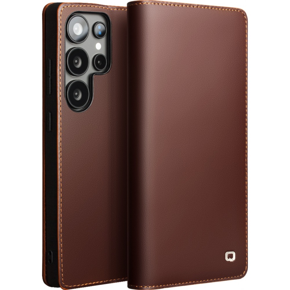 Fourre Samsung Galaxy S25 Ultra - Flip Qialino Matt Wallet cuir véritable - Brun