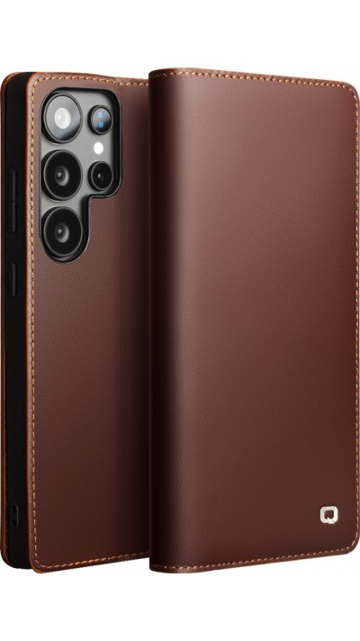 Fourre Samsung Galaxy S25 Ultra - Flip Qialino Matt Wallet cuir véritable - Brun
