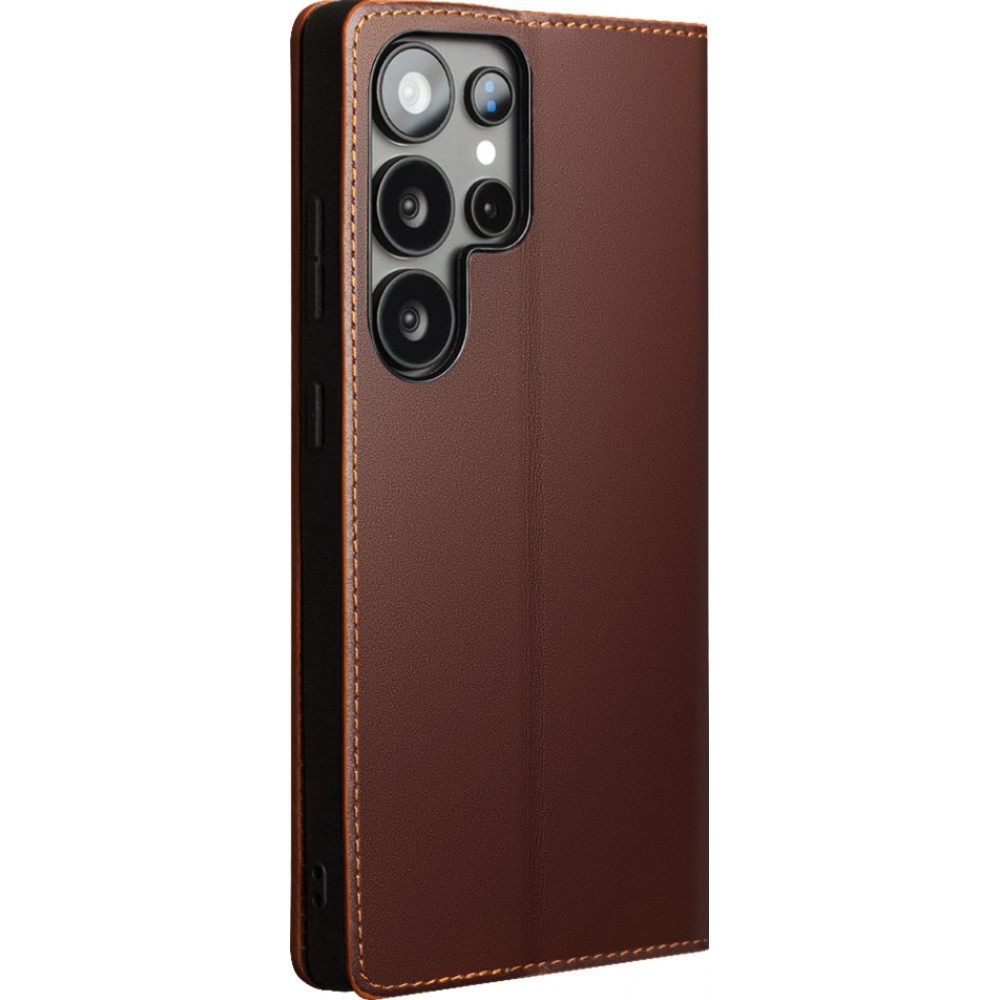 Fourre Samsung Galaxy S25 Ultra - Flip Qialino Matt Wallet cuir véritable - Brun