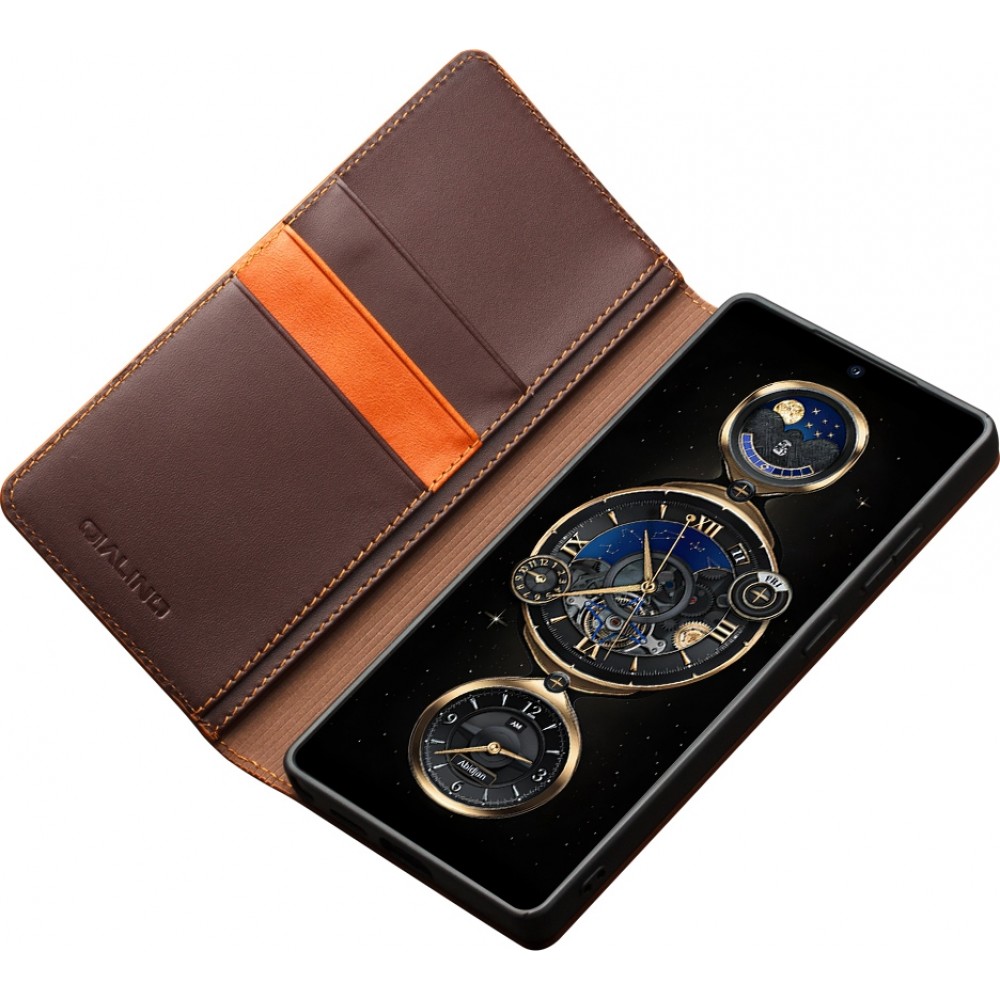 Fourre Samsung Galaxy S25 Ultra - Flip Qialino Matt Wallet cuir véritable - Brun