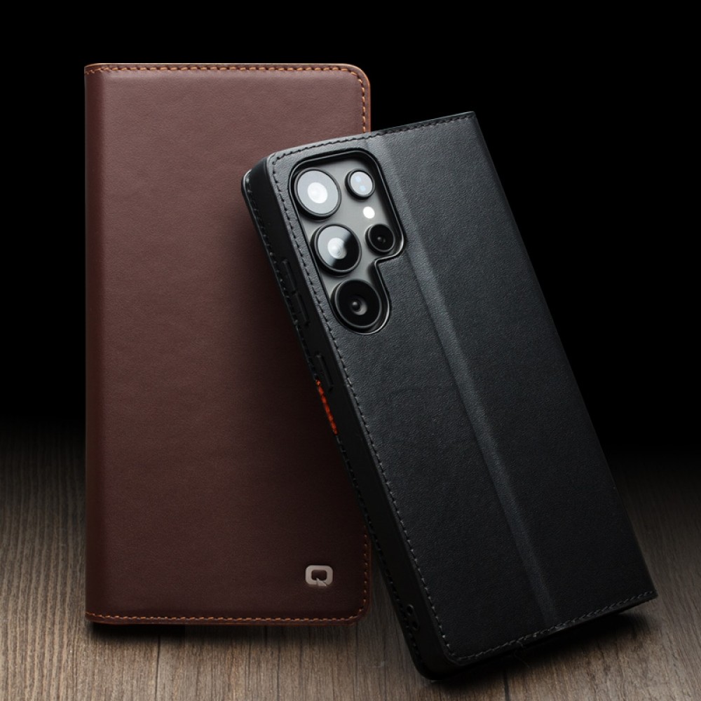 Samsung Galaxy S25 Ultra Case Hülle - Qialino Flip Matt Wallet Echtleder - Schwarz