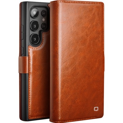 Fourre Samsung Galaxy S25 Ultra - Flip Qialino cuir véritable avec fermeture magnétique - Brun clair