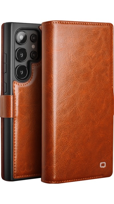 Fourre Samsung Galaxy S25 Ultra - Flip Qialino cuir véritable avec fermeture magnétique - Brun clair
