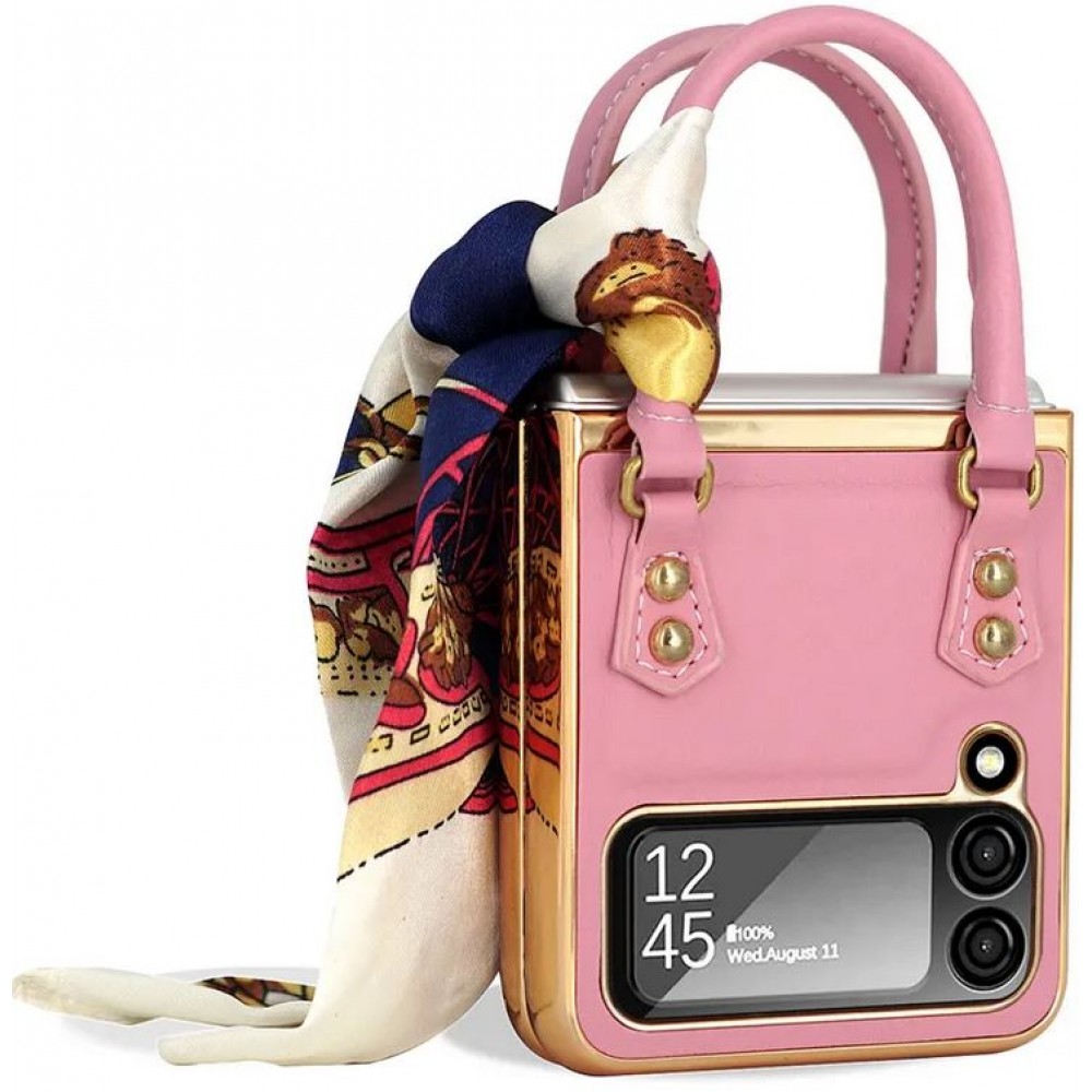 Galaxy Z Flip4 Case Hülle - Fashion Designer Schutzhülle Kunstleder in Handtaschenform - Rosa