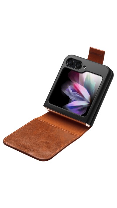 Fourre Samsung Galaxy Z Flip5 - Flip Qialino cuir véritable avec fermeture magnétique - Brun clair