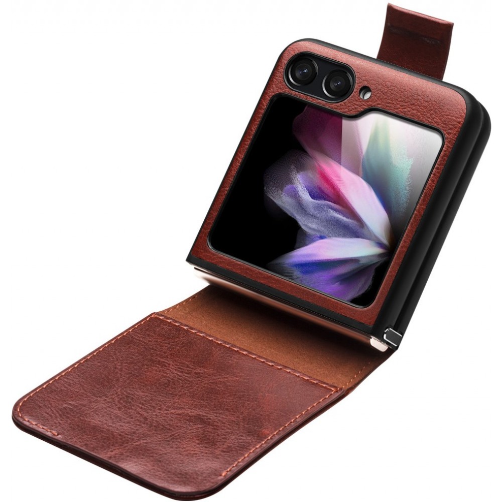 Fourre Samsung Galaxy Z Flip5 - Flip Qialino cuir véritable avec fermeture magnétique - Brun foncé