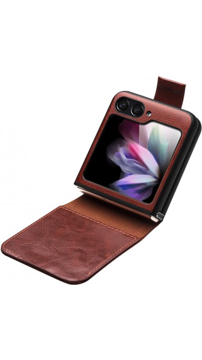 Fourre Samsung Galaxy Z Flip5 - Flip Qialino cuir véritable avec fermeture magnétique - Brun foncé