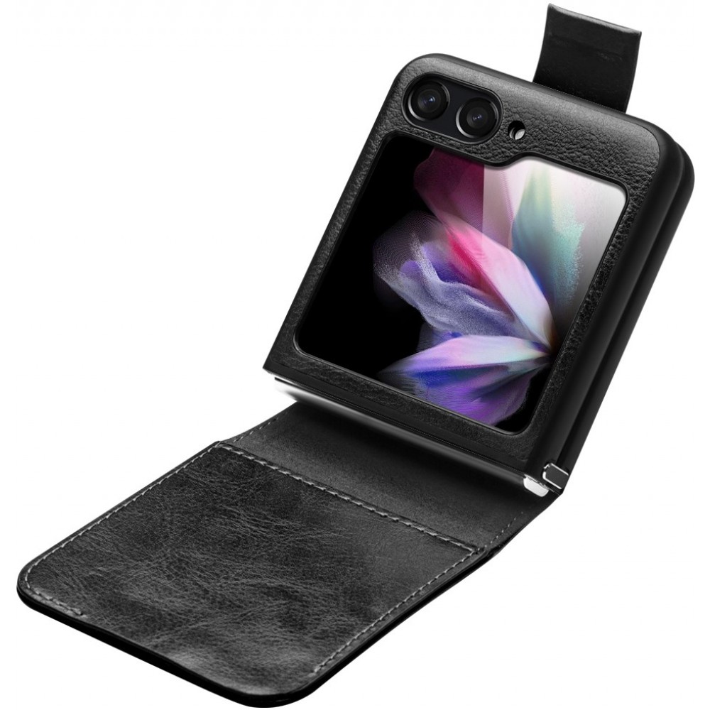 Samsung Galaxy Z Flip5 Case Hülle - Flip Qialino Echtleder mit magnetischem Verschluss - Schwarz