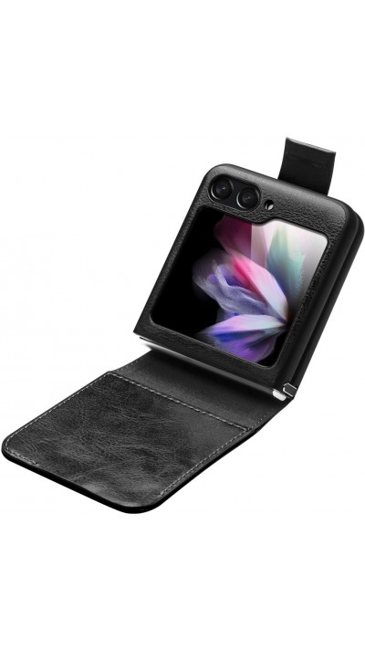 Samsung Galaxy Z Flip5 Case Hülle - Flip Qialino Echtleder mit magnetischem Verschluss - Schwarz