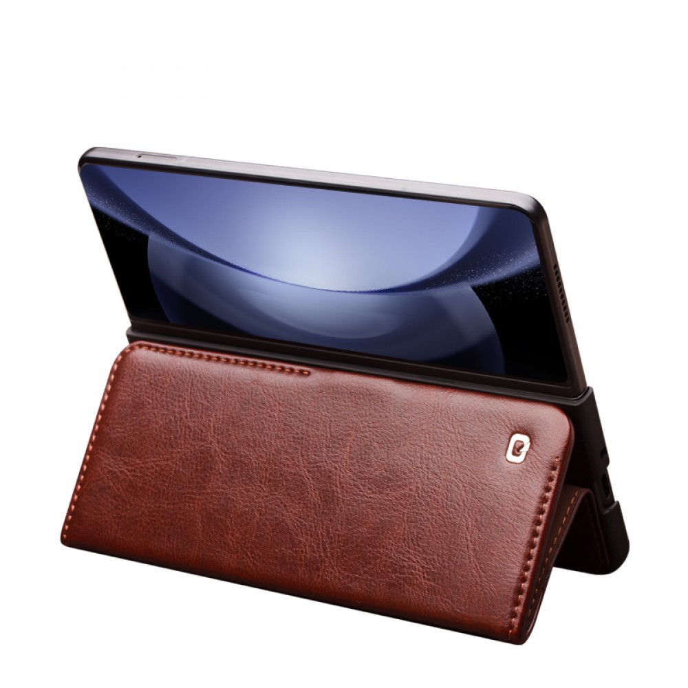 Fourre Samsung Galaxy Z Fold5 - Flip Qialino cuir véritable avec fermeture magnétique - Brun foncé