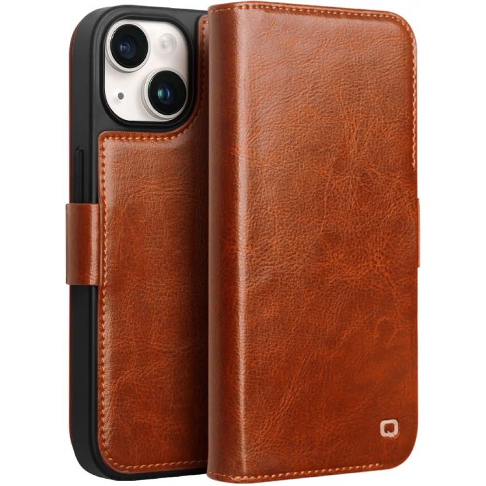 Fourre iPhone 15 - Flip Qialino cuir véritable avec fermeture magnétique - Brun clair