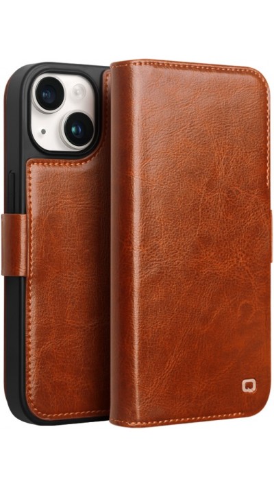 Fourre iPhone 14 Plus - Flip Qialino cuir véritable avec fermeture magnétique - Brun clair