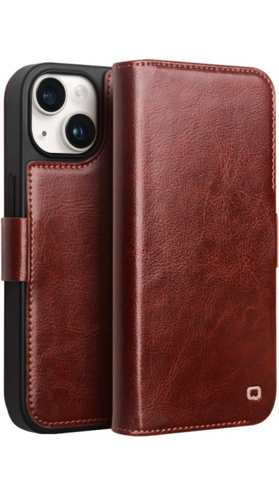 Fourre iPhone 14 Plus - Flip Qialino cuir véritable avec fermeture magnétique - Brun foncé