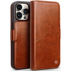 Fourre iPhone 15 Pro - Flip Qialino cuir véritable avec fermeture magnétique - Brun clair