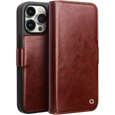 Fourre iPhone 15 Pro - Flip Qialino cuir véritable avec fermeture magnétique - Brun foncé