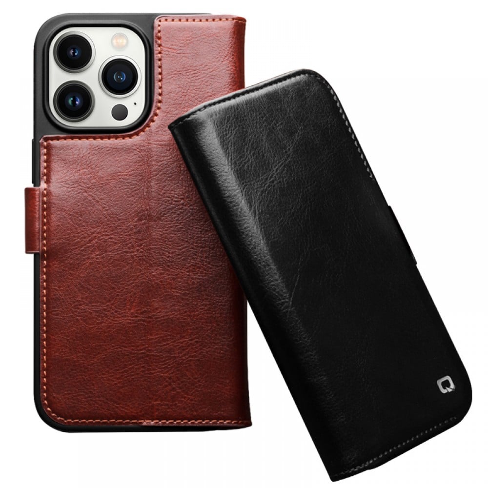 Fourre iPhone 14 Pro Max - Flip Qialino cuir véritable avec fermeture magnétique - Brun foncé