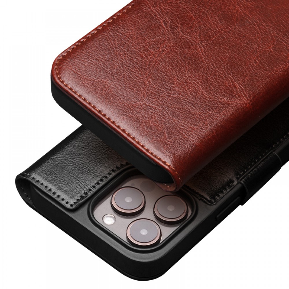 iPhone 15 Pro Case Hülle - Flip Qialino Echtleder mit magnetischem Verschluss - Dunkelbraun