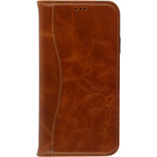 Fourre iPhone 13 - Flip Fierre Shann cuir véritable - Brun